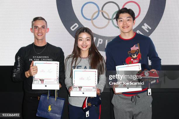 Olympians Adam Rippon, Maia Shibutani and Alex Shibutani pose for a photo at the USA House at the PyeongChang 2018 Winter Olympic Games on February...