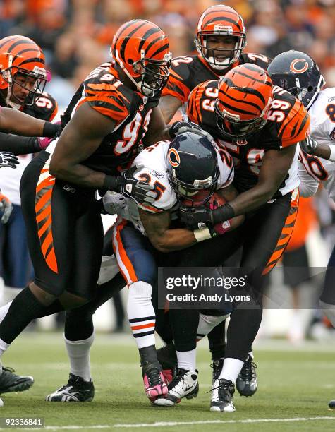 Garrett Wolfe of the Chicago Bears is tackled by Robert Geathers and Brandon Johnson of the Cincinnati Bengals during the NFL game at Paul Brown...