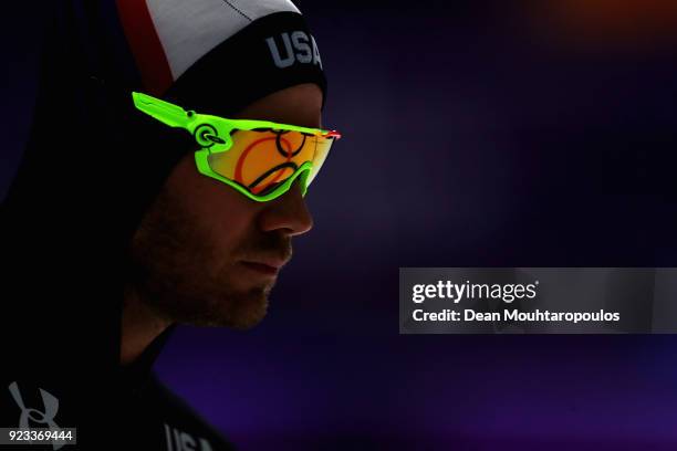 Joey Mantia of USA looks on with the rings reflected in his glasses prior to the Men's 1500m Speed Skating on day four of the PyeongChang 2018 Winter...