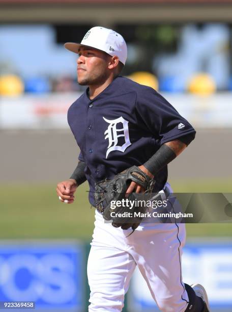 Alexi Amarista of the Detroit Tigers looks on during the Spring Training game against the Florida Southern Mocs at Publix Field at Joker Marchant...