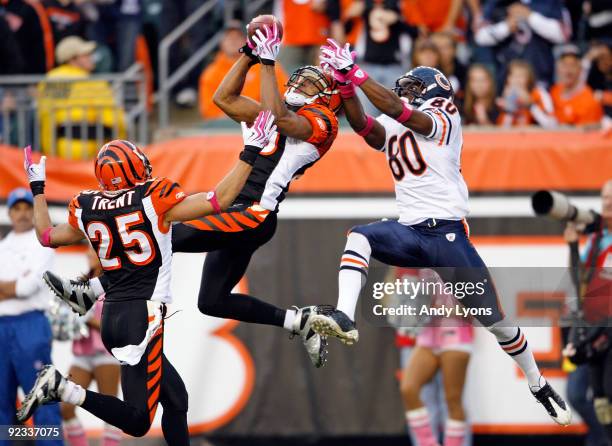 Leon Hall of the Cincinnati Bengals intercepts the ball in front of Earl Bennett of the Chicago Bears during the NFL game at Paul Brown Stadium on...