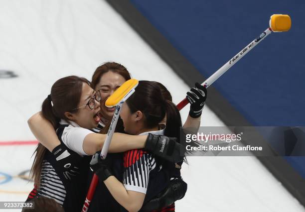 Korea celebrate after they defeated Japan during the Women's Semi Final match between Korea and Japan on day fourteen of the PyeongChang 2018 Winter...