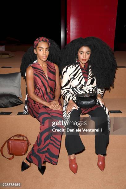 Cipriana Quann and Tk Wonder attend the Roberto Cavalli show during Milan Fashion Week Fall/Winter 2018/19 on February 23, 2018 in Milan, Italy.