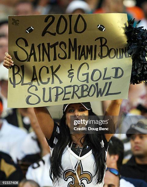 Saints' fan shows her support as the New Orleans Saints take on the Miami Dolphins at Land Shark Stadium on October 25, 2009 in Miami, Florida. The...