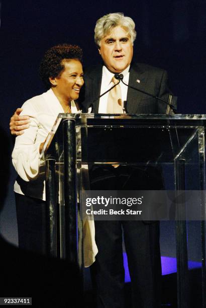 Host Jay Leno honors Wanda Sykes at the L.A. Gay & Lesbian Center's 38th Annual Gala at Hyatt Regency Century Plaza Hotel on October 24, 2009 in Los...