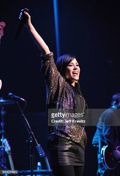 Singer Demi Lovato performs onstage during City of Hope's 2nd Annual Concert For Hope at Nokia Theatre L.A. Live on October 25, 2009 in Los Angeles,...