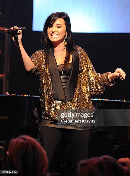 Singer Demi Lovato performs onstage during City of Hope's 2nd Annual Concert For Hope at Nokia Theatre L.A. Live on October 25, 2009 in Los Angeles,...