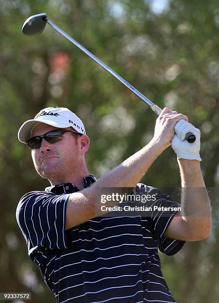 Troy Matteson hits a tee shot on the 14th hole during the fourth round of the Frys.com Open at Grayhawk Golf Club on October 25, 2009 in Scottsdale,...