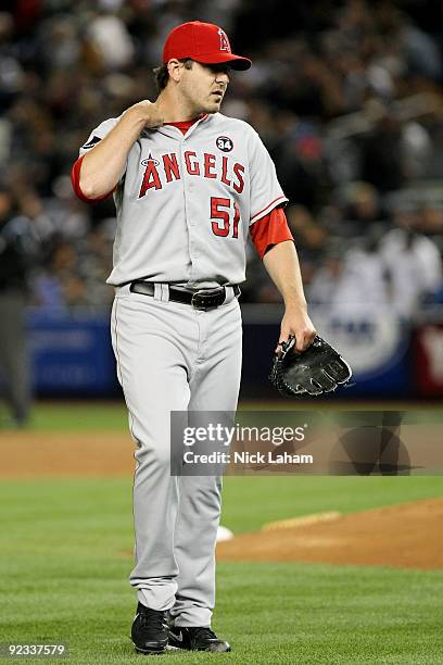 Joe Saunders of the Los Angeles Angels of Anaheim reacts during the bottom of the second inning against New York Yankees of Game Six of the ALCS...