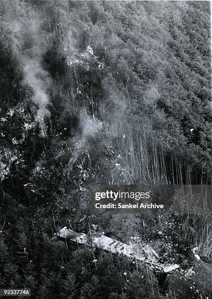 The remains of clashed Japan Airline plane are seen at Osutaka Mountain in August 13, 1985 in Ueno, Gunma, Japan. Only four people survived and 520...