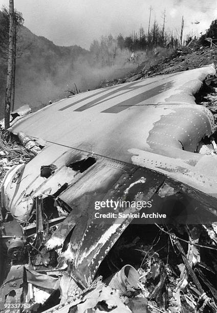 The remains of clashed Japan Airline aircraft are seen at Osutaka Mountain in August 14, 1985 in Ueno, Gunma, Japan. Only four people survived and...