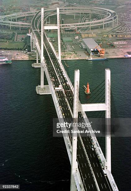 In this aerial photo, newly opened Yokohama Bay Bridge is seen on September 27, 1989 in Yokohama, Kanagawa, Japan.