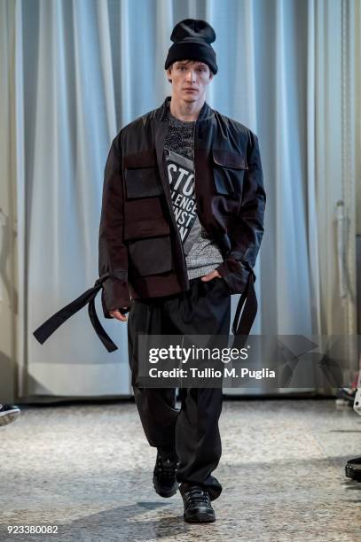 Model walks the runway at the Grinko show during Milan Fashion Week Fall/Winter 2018/19 on February 23, 2018 in Milan, Italy.