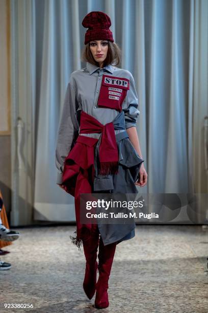 Model walks the runway at the Grinko show during Milan Fashion Week Fall/Winter 2018/19 on February 23, 2018 in Milan, Italy.