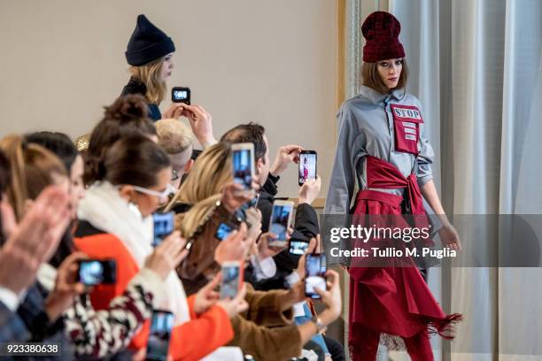 Models walk the runway at the Grinko show during Milan Fashion Week Fall/Winter 2018/19 on February 23, 2018 in Milan, Italy.