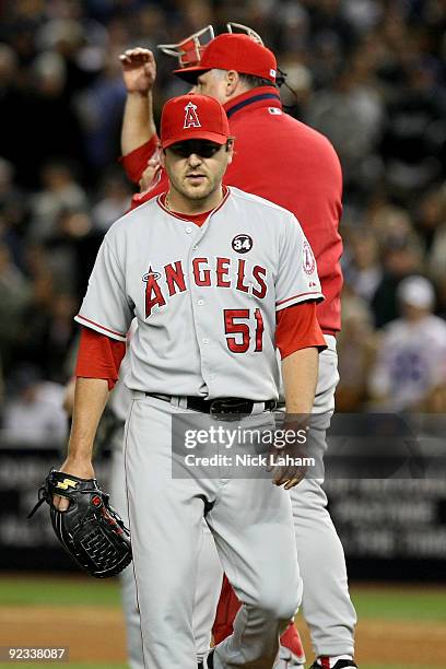 Joe Saunders of the Los Angeles Angels of Anaheim walks off the field after being relieved by Darren Oliver in the bottom of the fourth inning...