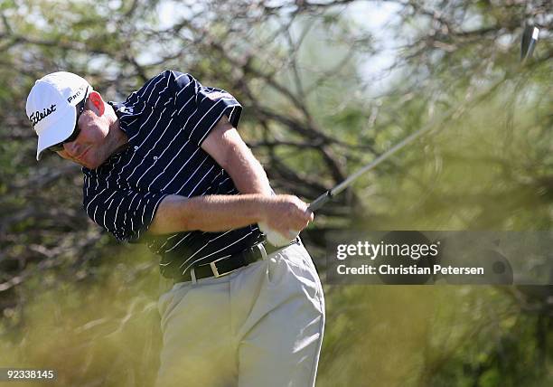 Troy Matteson hits a tee shot on the second hole during the fourth round of the Frys.com Open at Grayhawk Golf Club on October 25, 2009 in...