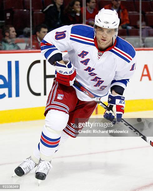 Marian Gaborik of the New York Rangers skates during the warm up period prior to facing the Montreal Canadiens in their NHL game on October 24, 2009...