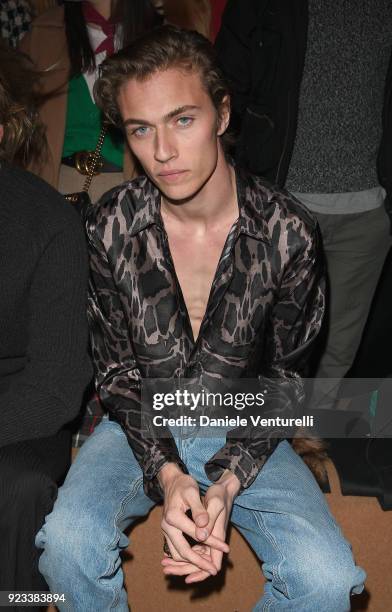 Lucky Blue Smith attends the Roberto Cavalli show during Milan Fashion Week Fall/Winter 2018/19 on February 23, 2018 in Milan, Italy.