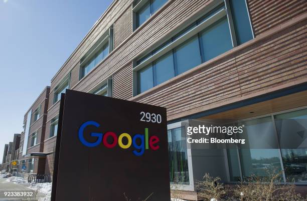 Signage is displayed outside of a building at the new Google Inc. Campus in Boulder, Colorado, U.S., on Wednesday, Feb. 21, 2018. Google moved it's...