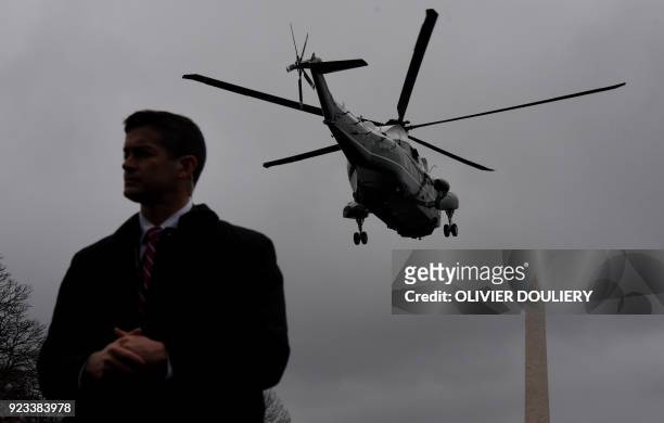 President Donald Trump departs the South Lawn of the White House in Washington, DC en route the Nationael Harbor, Maryland where he will address the...