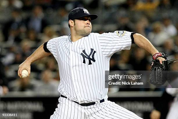 Joba Chamberlain of the New York Yankees pitches against the Los Angeles Angels of Anaheim in the top of the seventh inning of Game Six of the ALCS...