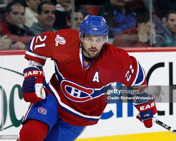 Brian Gionta of the Montreal Canadiens skates during the NHL game against the New York Rangers on October 24, 2009 at the Bell Centre in Montreal,...