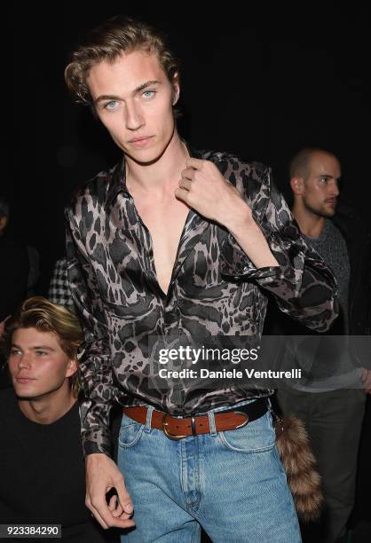 Lucky Blue Smith attends the Roberto Cavalli show during Milan Fashion Week Fall/Winter 2018/19 on February 23, 2018 in Milan, Italy.