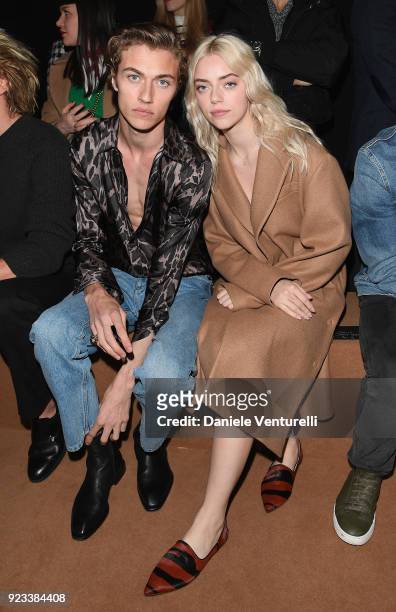 Lucky Blue Smith and Pyper America attend the Roberto Cavalli show during Milan Fashion Week Fall/Winter 2018/19 on February 23, 2018 in Milan, Italy.