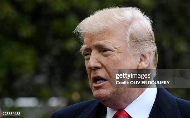 President Donald Trump takes questions from the media as he departs the South Lawn of the White House in Washington, DC en route the Nationael...