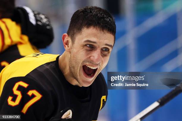 Marcel Goc of Germany reacts after defeating Canada 4-3 during the Men's Play-offs Semifinals on day fourteen of the PyeongChang 2018 Winter Olympic...