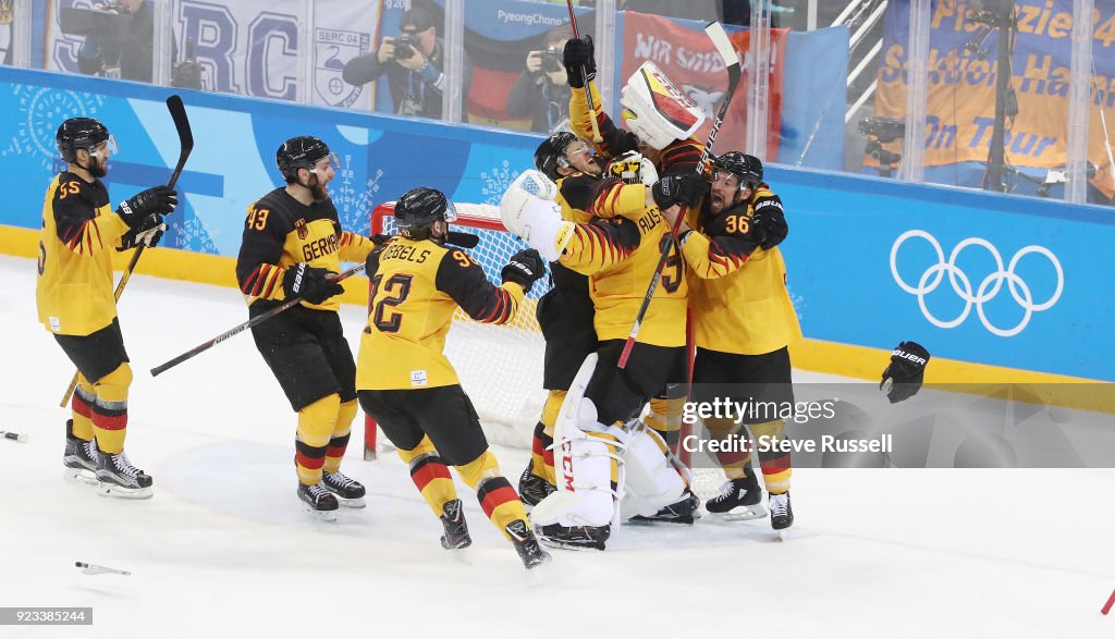 Germany upsets Canada 4-3 in the men's semifinal  in the Olympic hockey tournament
