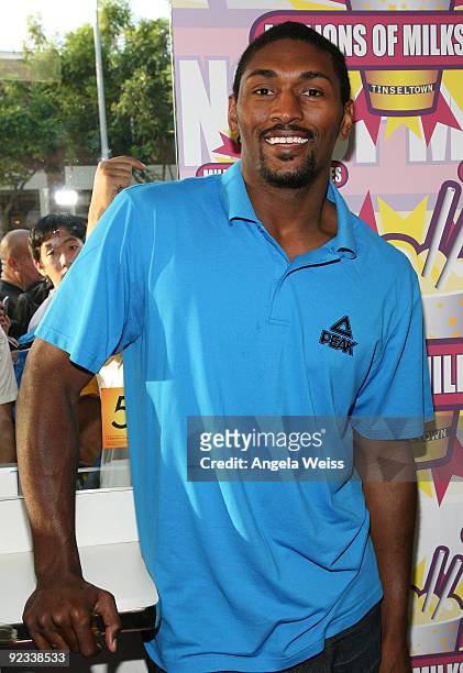 Ron Artest of the Los Angeles Lakers launches his own milkshake at Millions Of Milkshakes on October 25, 2009 in West Hollywood, California.