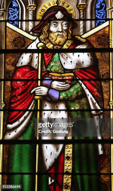 Saint Pierre cathedral. Stained glass window. The apostle St. James the Greater. Geneva. Switzerland.