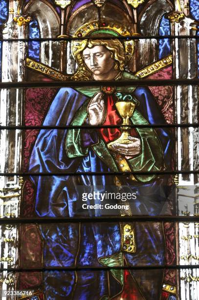 Saint Pierre cathedral. Stained glass window. Saint John. Geneva. Switzerland.