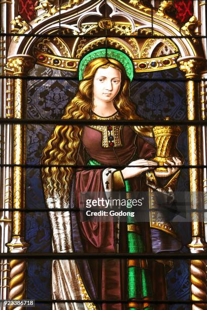 Saint Pierre cathedral. Stained glass window. Mary Magdalene. Geneva. Switzerland.