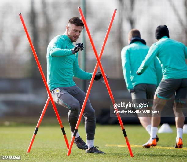 Scott Hogan of Aston Villa in action during a training session at the club's training ground at Bodymoor Heath on February 23, 2018 in Birmingham,...