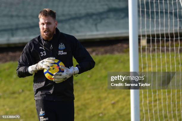 Goalkeeper Rob Elliot holds the ball during the Newcastle United Training session at the Newcastle United Training Centre on February 23 in Newcastle...