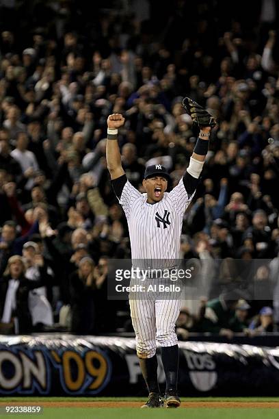 Alex Rodriguez of the New York Yankees celebrates their 5-2 victory over the Los Angeles Angels of Anaheim at the end of the top of the ninth inning...
