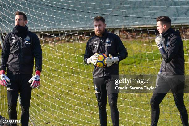 Goalkeepers seen L-R Martin Dubravka, Rob Elliot and Karl Darlow stand in the goal during the Newcastle United Training session at the Newcastle...