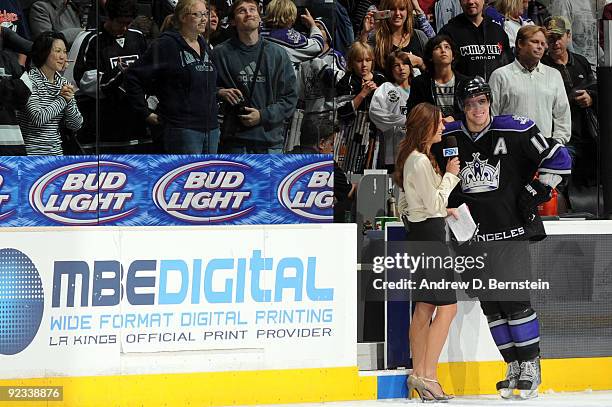 Anze Kopitar of the Los Angeles Kings talks with Heidi Androl after the win against Columbus Blue Jackets on October 25, 2009 at Staples Center in...