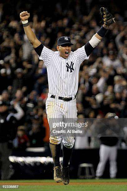 Alex Rodriguez of the New York Yankees celebrates their 5-2 victory over the Los Angeles Angels of Anaheim at the end of the top of the ninth inning...