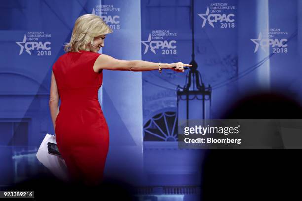 Radio Host Laura Ingraham gestures towards the audience after speaking at the Conservative Political Action Conference in National Harbor, Maryland,...