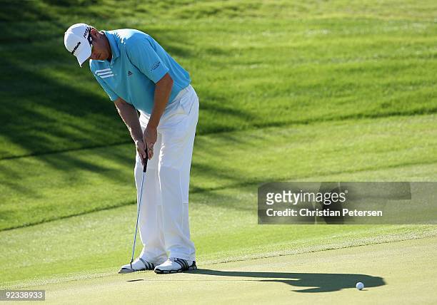 Greg Owen of England putts on the 14th hole green during the third round of the Frys.com Open at Grayhawk Golf Club on October 24, 2009 in...