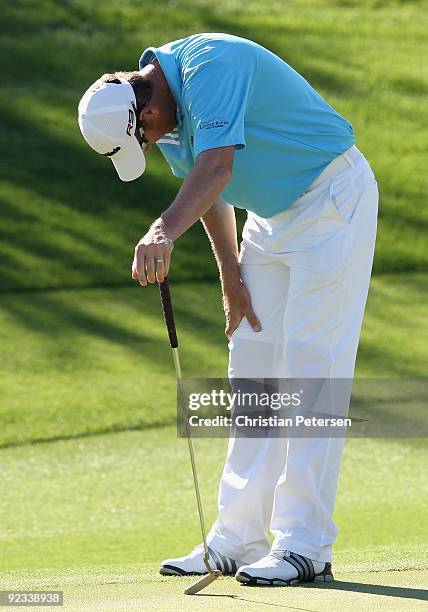 Greg Owen of England reacts to a missed putt on the 14th hole green during the third round of the Frys.com Open at Grayhawk Golf Club on October 24,...