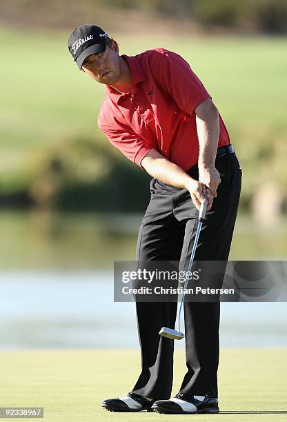 Bryce Molder putts on the 18th hole green during the third round of the Frys.com Open at Grayhawk Golf Club on October 24, 2009 in Scottsdale,...