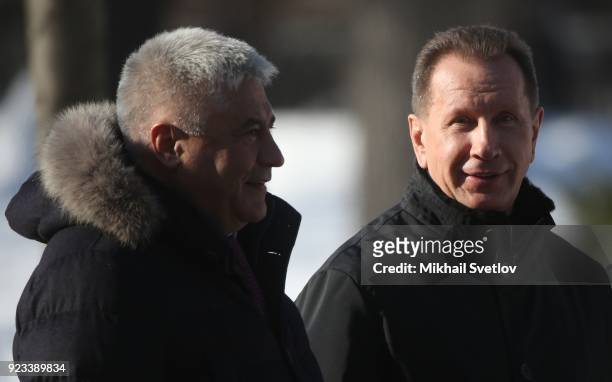 Director of the Federal Protective Service Dmitry Kochnev looks on Russian Interior Minister Vladimir Kolokoltsev during a wreath laying ceremony to...