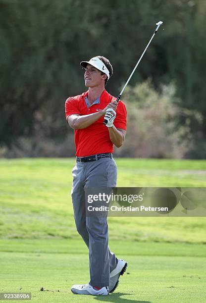 Jamie Lovemark hits his second shot on the 14th hole during the first round of the Frys.com Open at Grayhawk Golf Club on October 22, 2009 in...