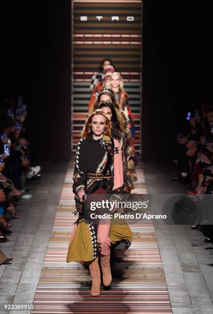Models walk the runway at the Etro show during Milan Fashion Week Fall/Winter 2018/19 on February 23, 2018 in Milan, Italy.