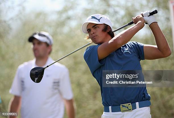 Rickie Fowler hits a tee shot on the 14th hole during the first round of the Frys.com Open at Grayhawk Golf Club on October 22, 2009 in Scottsdale,...